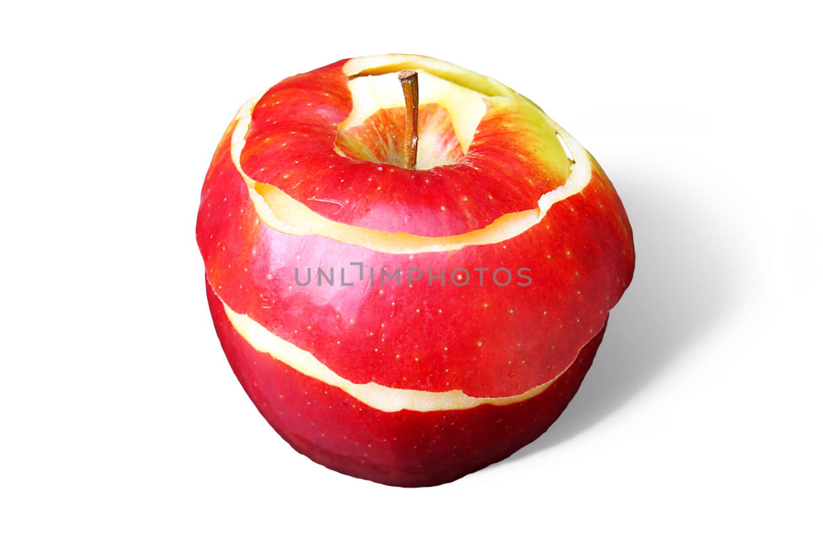 A peeled apple macro with shadow and white background