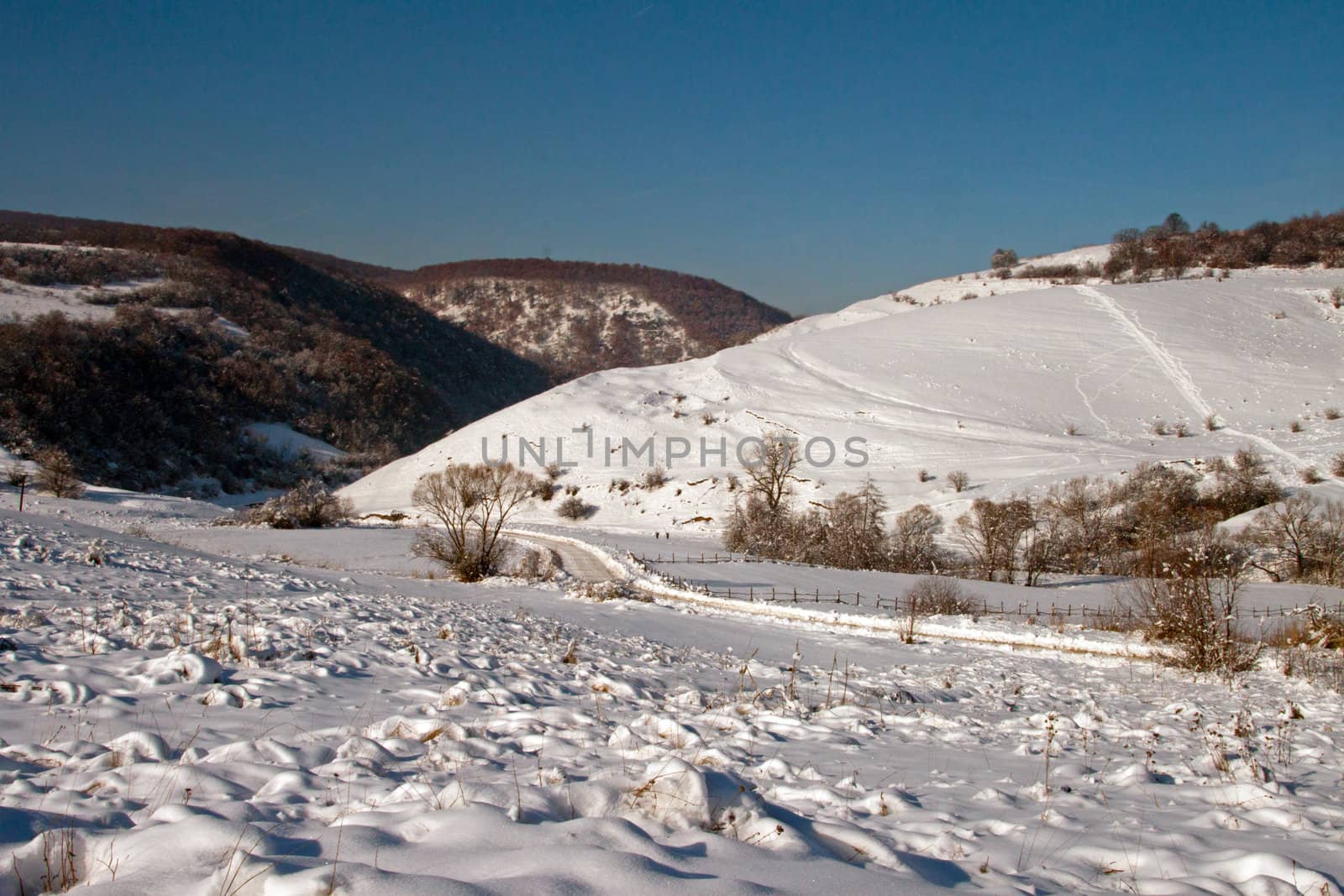 A lonely, snow-covered valley in winter