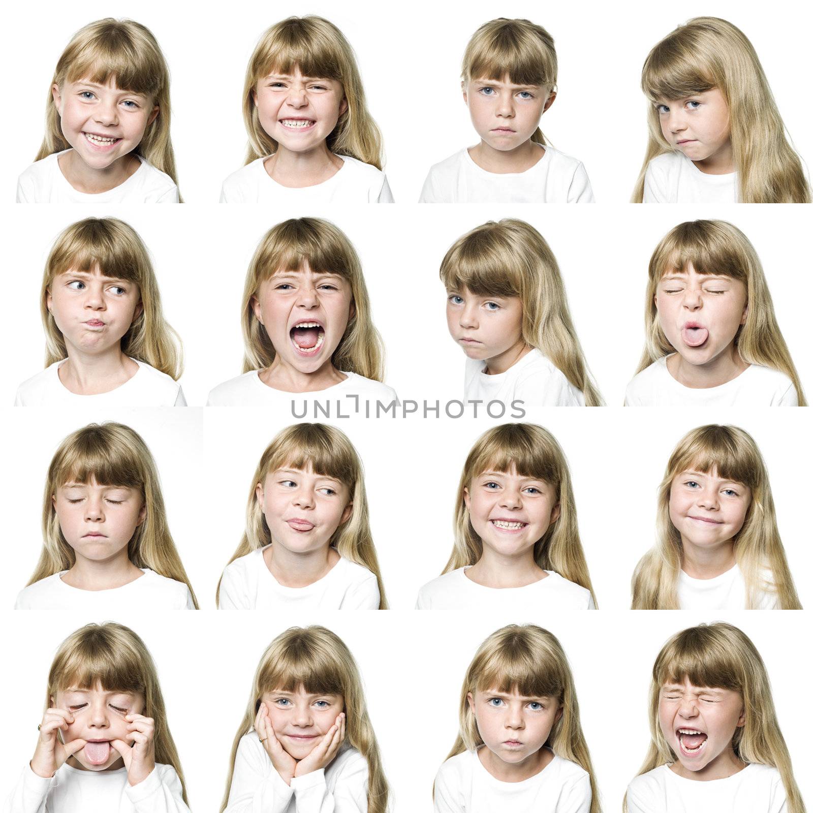 Collage of a young girl isolated on white background
