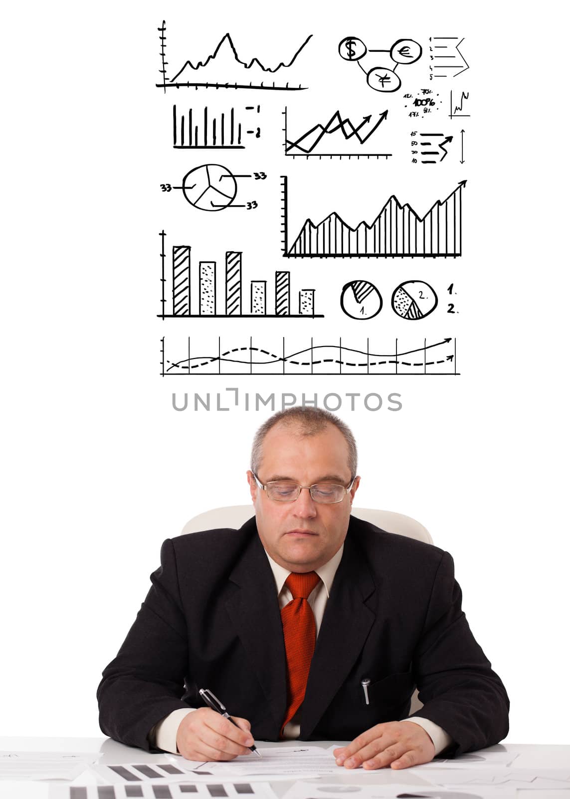 businessman sitting at desk with statistics and graphs by ra2studio