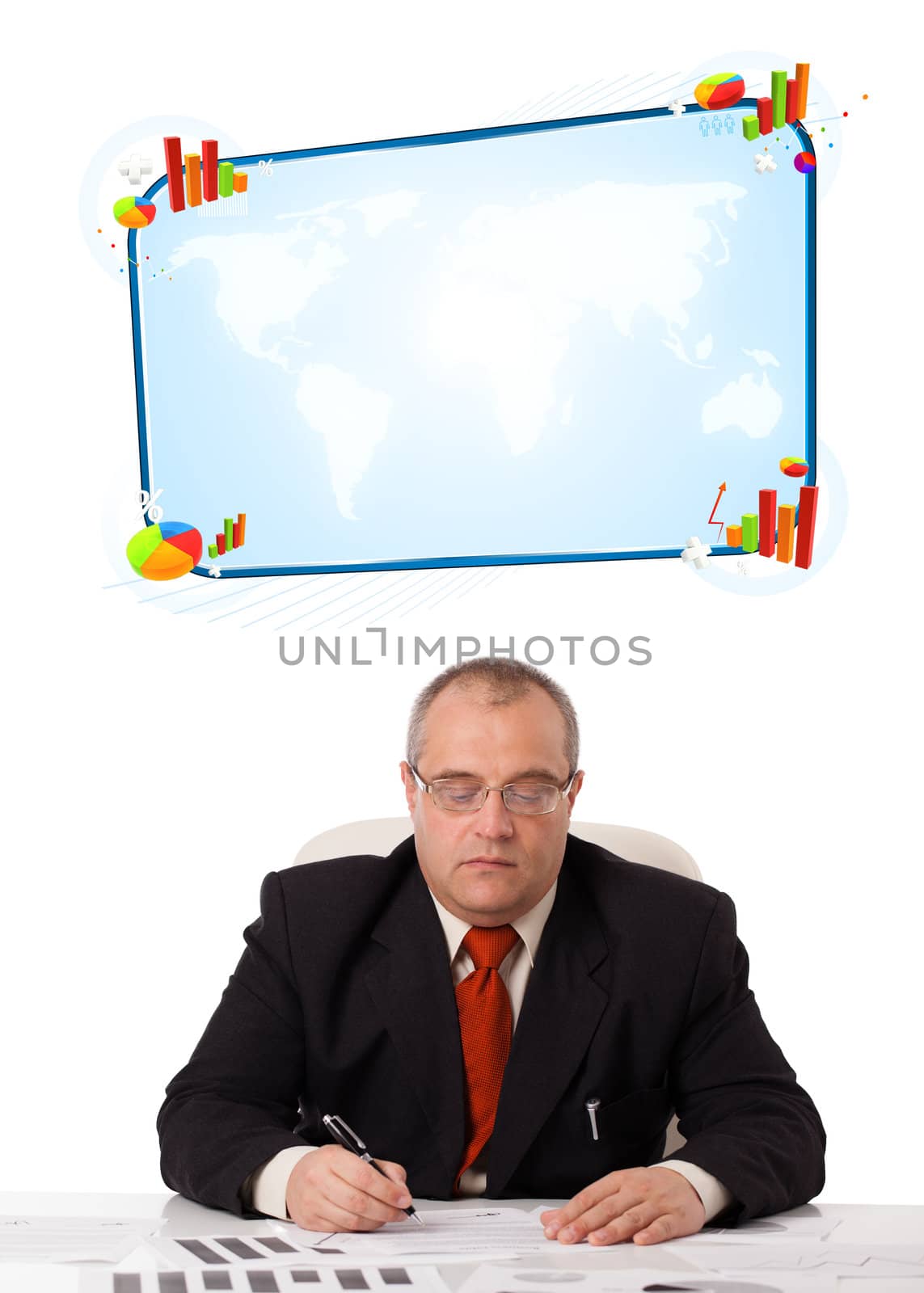 Businessman sitting at desk with copy space, isolated on white