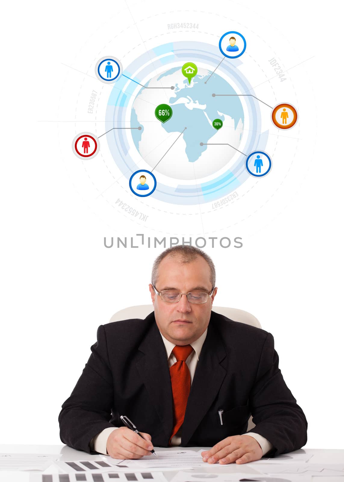 businessman sitting at desk with a globe and social icons, isolated on white