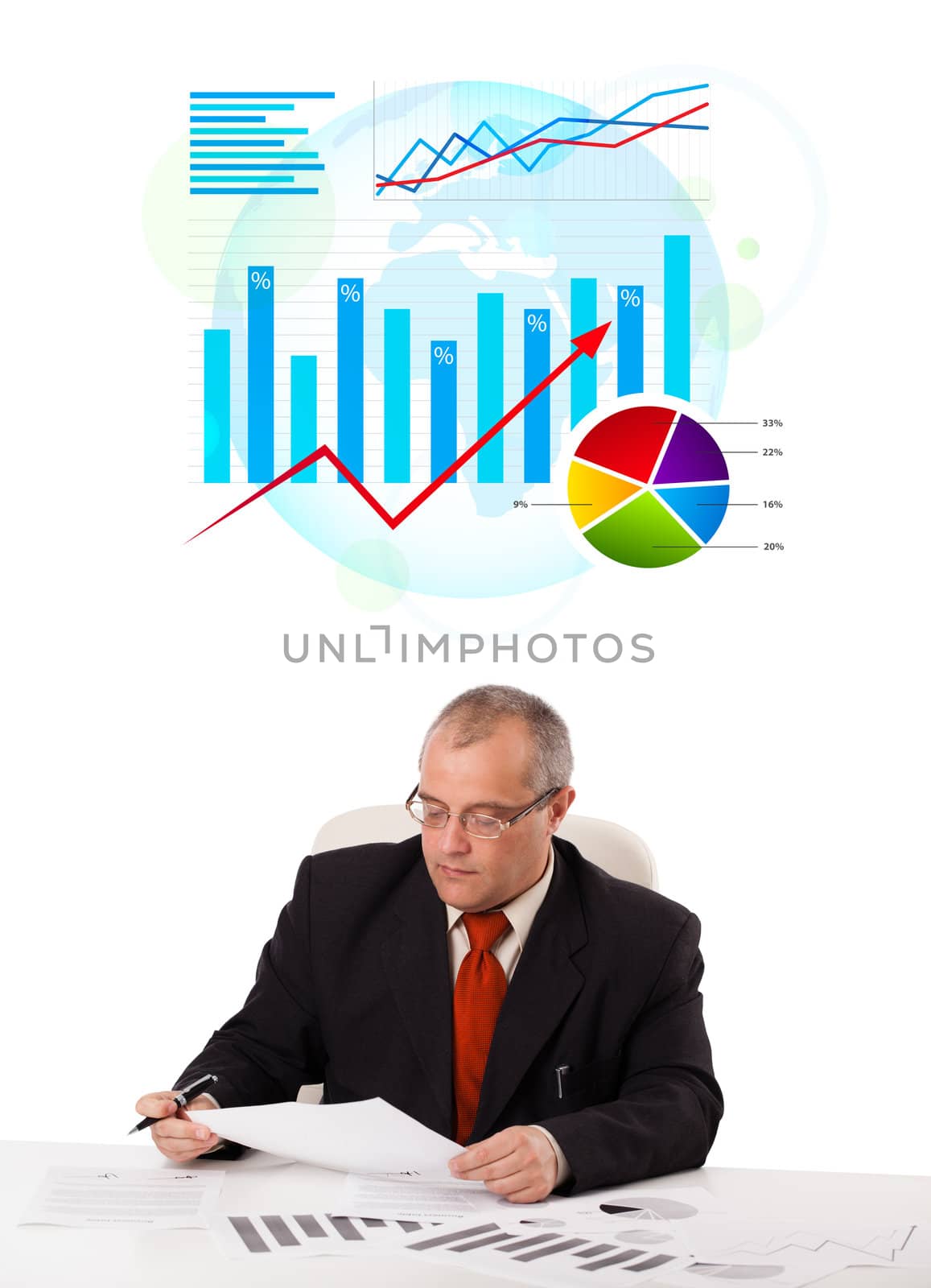Businessman sitting at desk with statistics by ra2studio