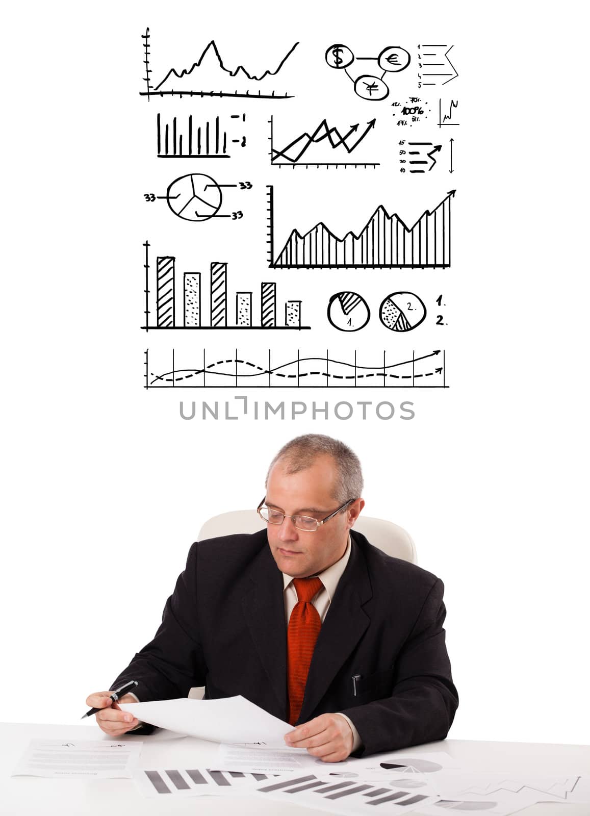 businessman sitting at desk with statistics and graphs by ra2studio