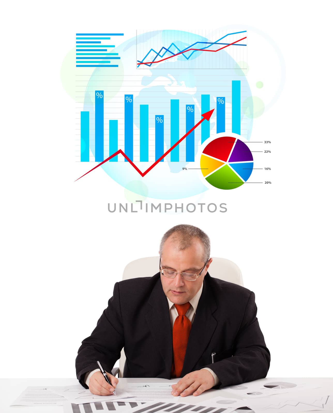 Businessman sitting at desk with statistics by ra2studio