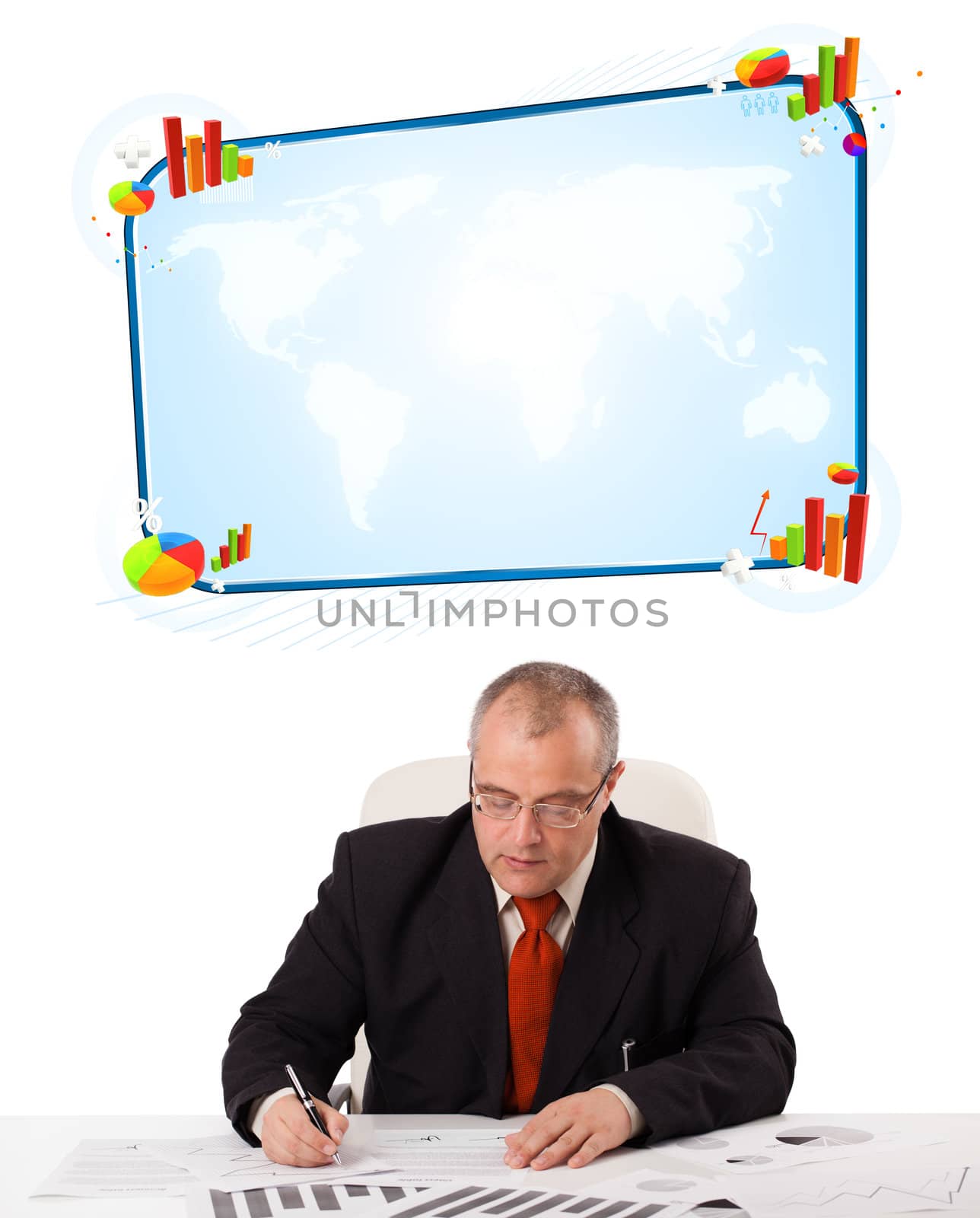 Businessman sitting at desk with copy space by ra2studio