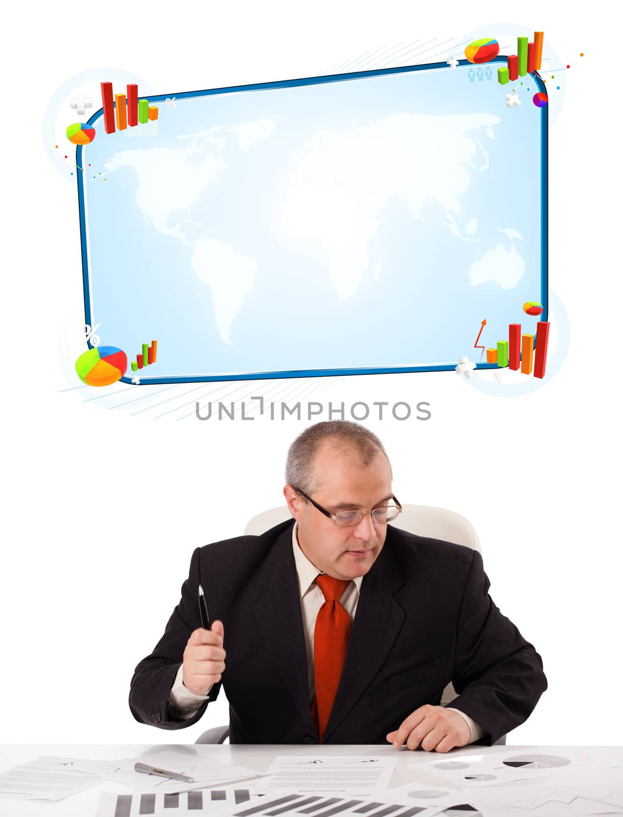 Businessman sitting at desk with copy space, isolated on white