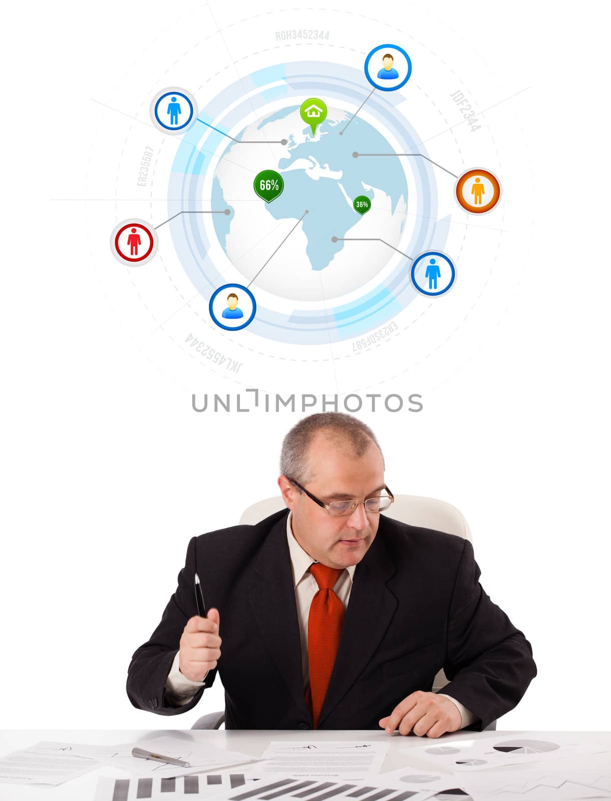 businessman sitting at desk with a globe and social icons, isolated on white