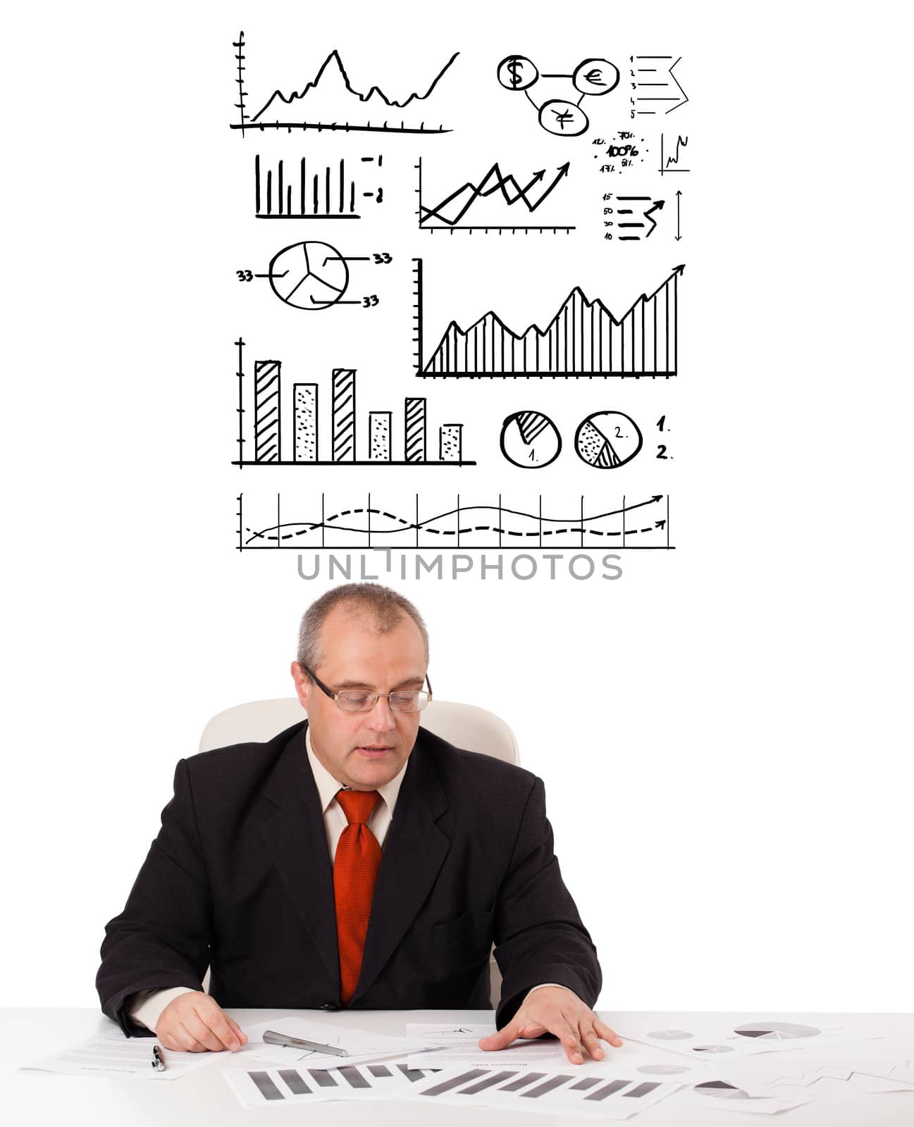 businessman sitting at desk with statistics and graphs, isolated on white