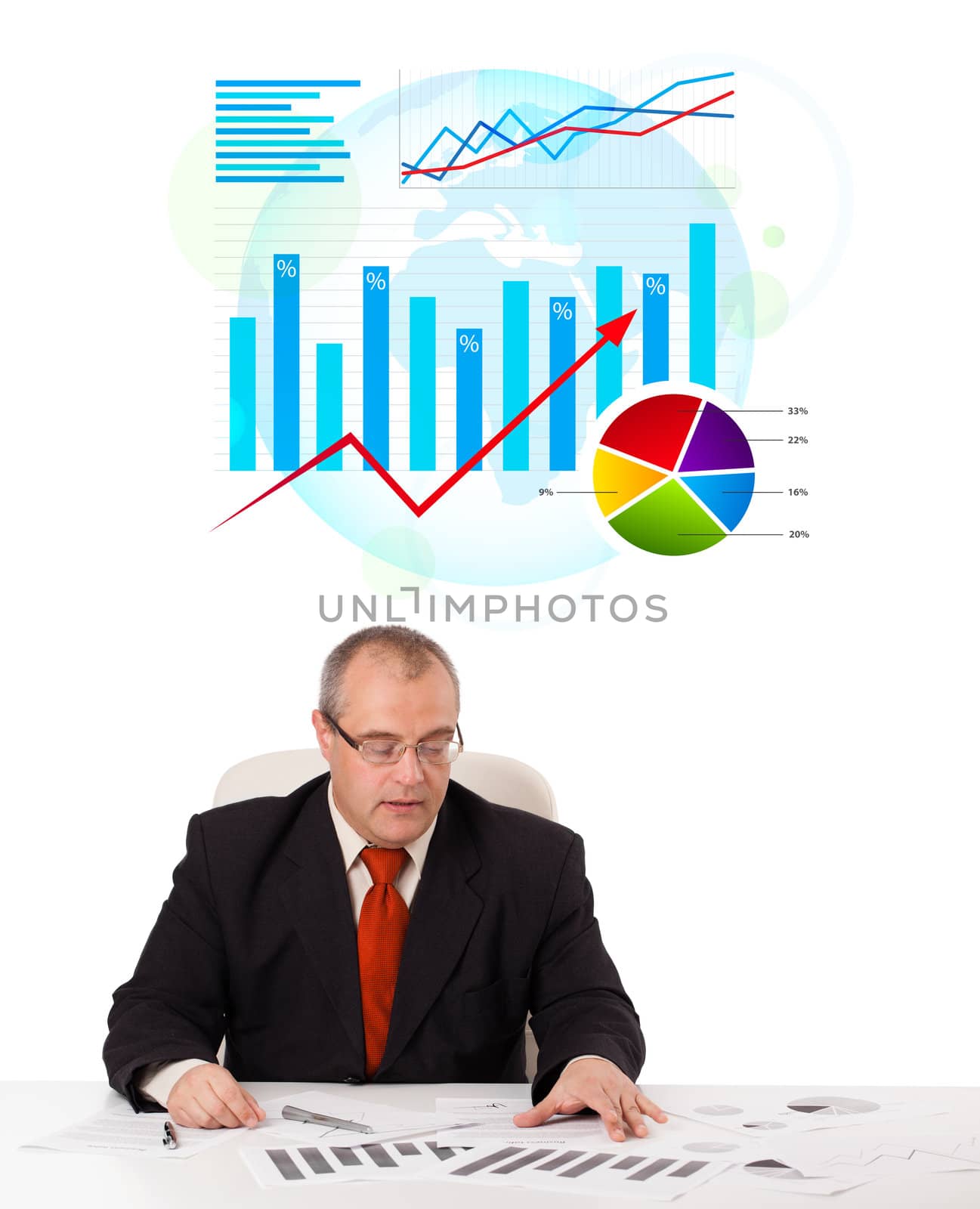 Businessman sitting at desk with statistics by ra2studio