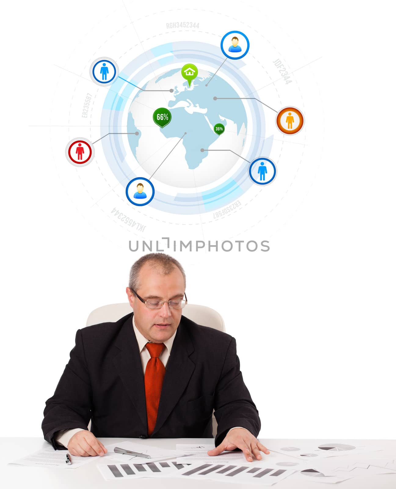 businessman sitting at desk with a globe and social icons by ra2studio