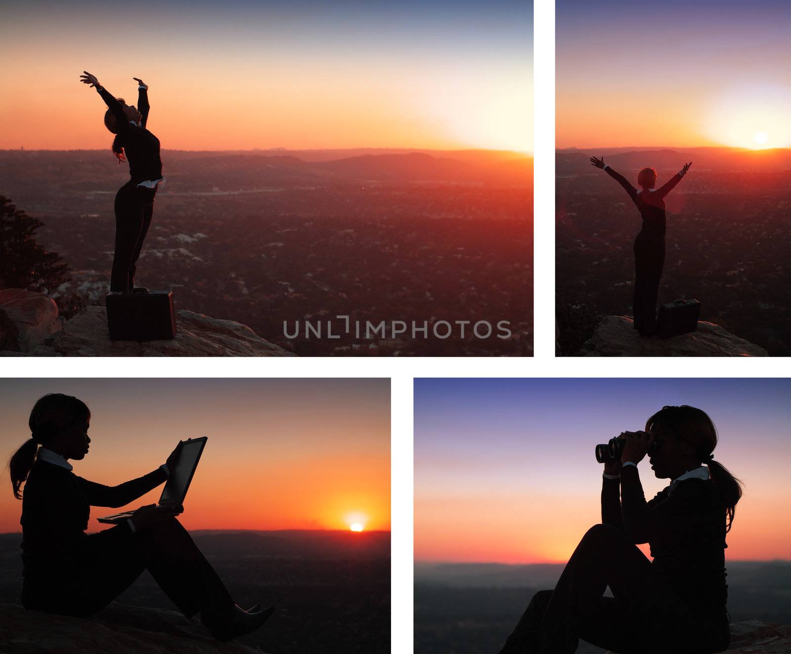 Collage combination of African American Business Woman on top of Hill during Sunset
