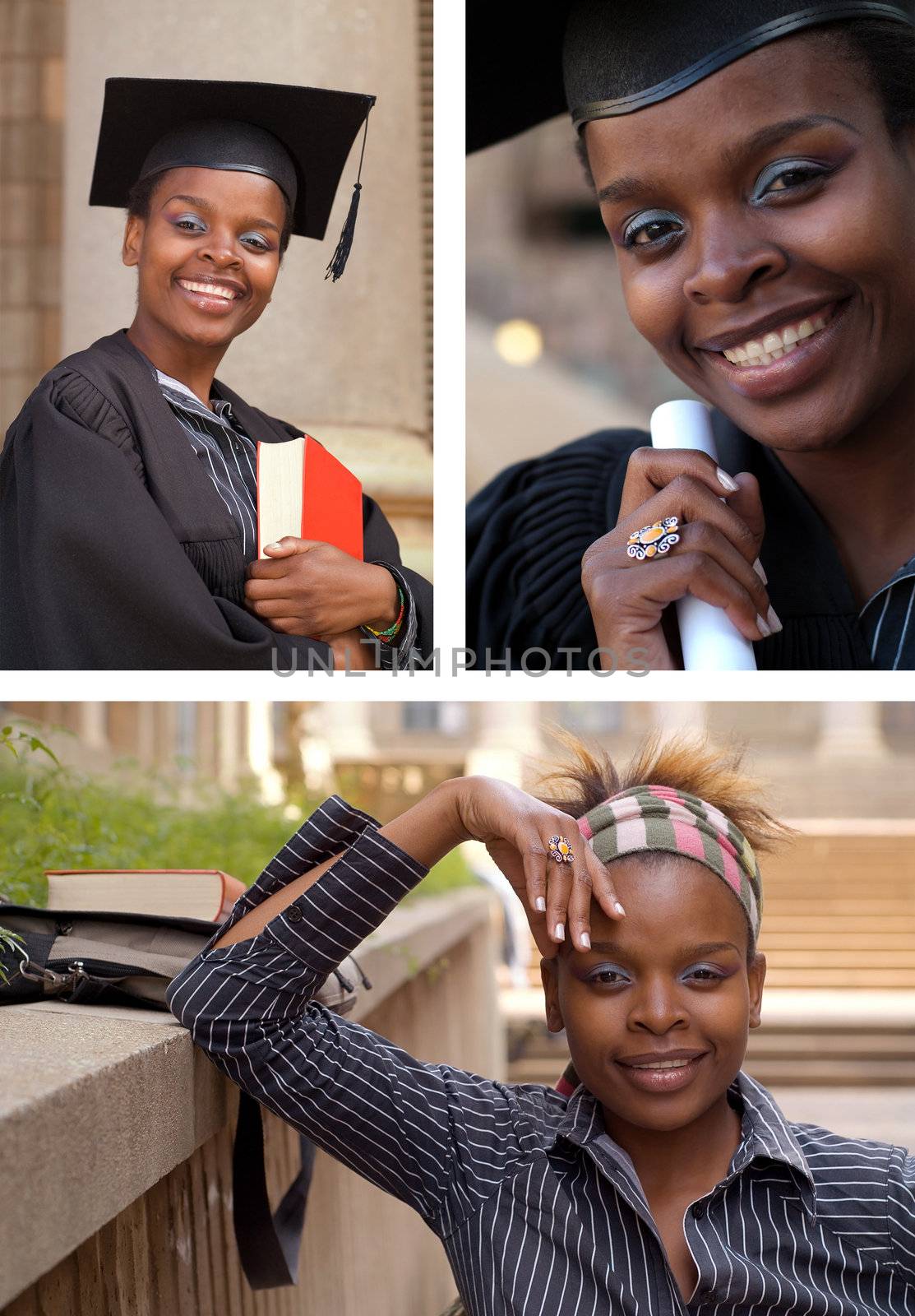 African American college student collage graduating with mortarboard and diploma or scroll