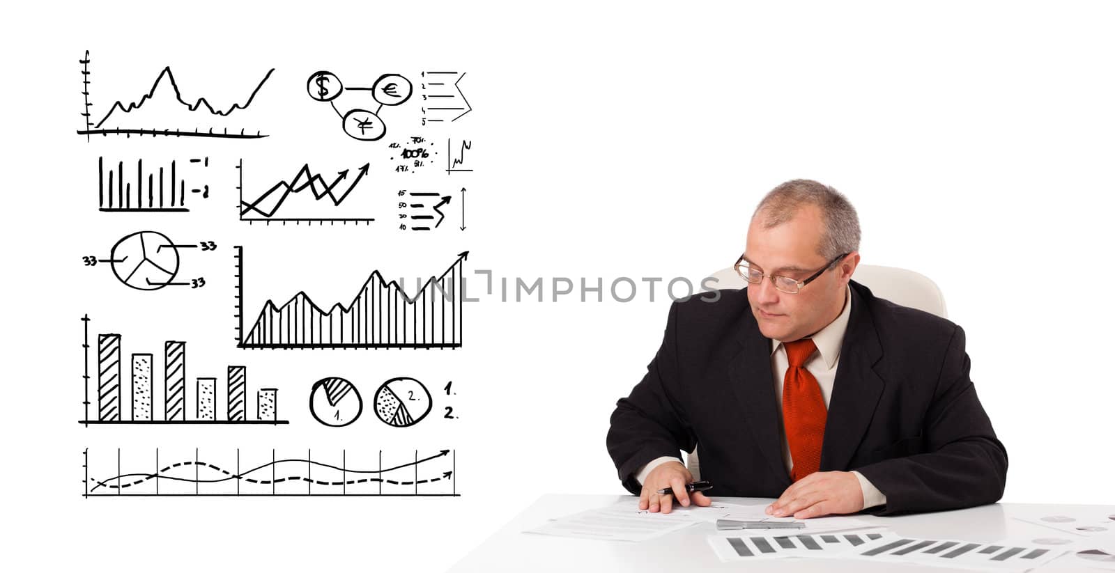 businessman sitting at desk with statistics and graphs by ra2studio