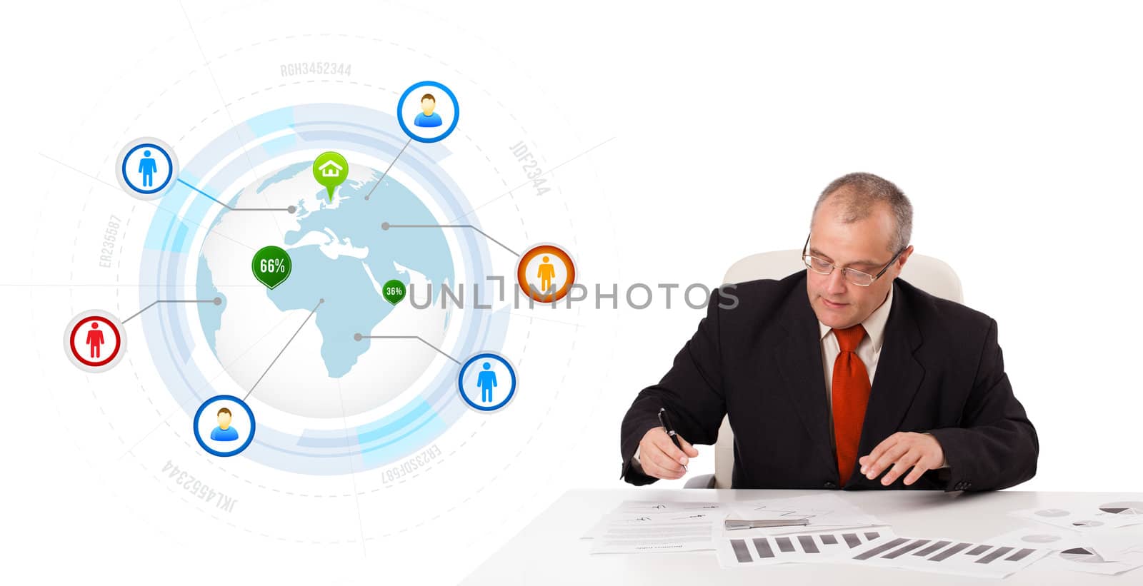 businessman sitting at desk with a globe and social icons, isolated on white