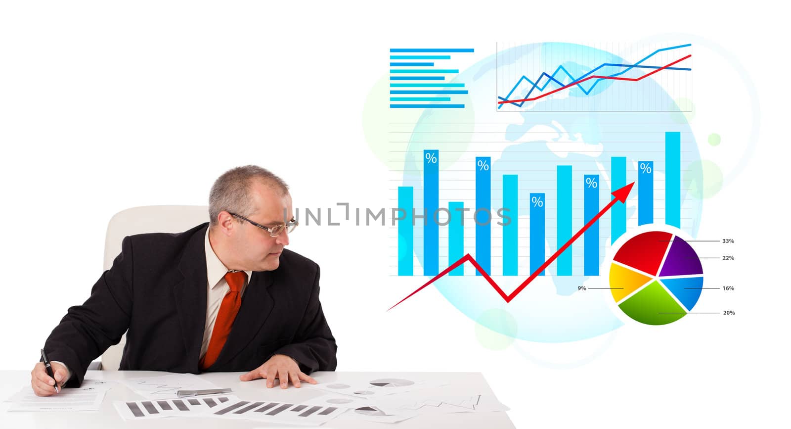 Businessman sitting at desk with statistics by ra2studio