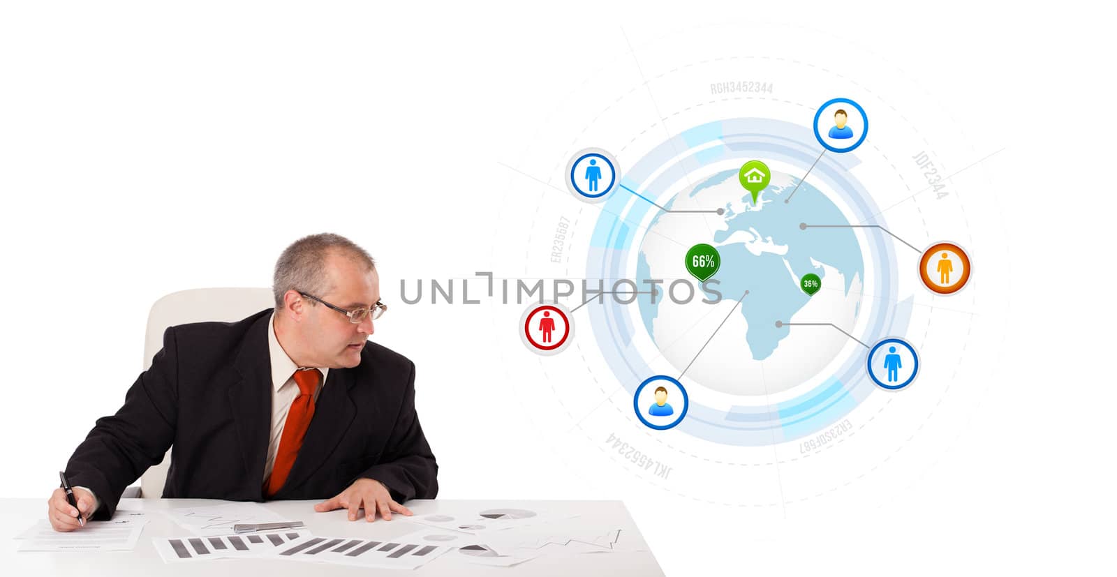businessman sitting at desk with a globe and social icons by ra2studio