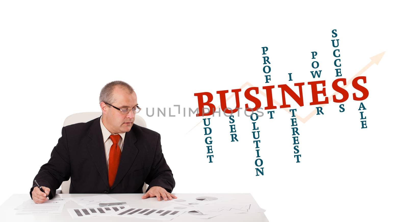 businessman sitting at desk with word cloud by ra2studio