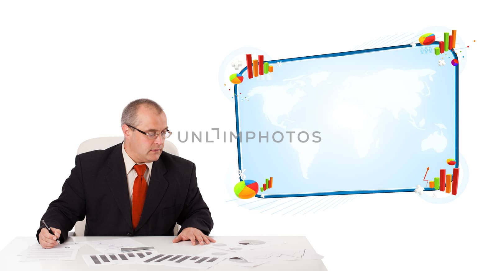 Businessman sitting at desk with copy space by ra2studio
