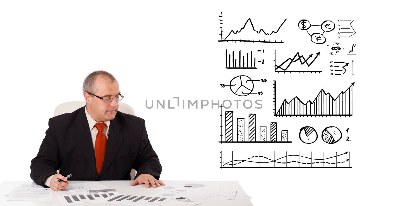 businessman sitting at desk with statistics and graphs by ra2studio