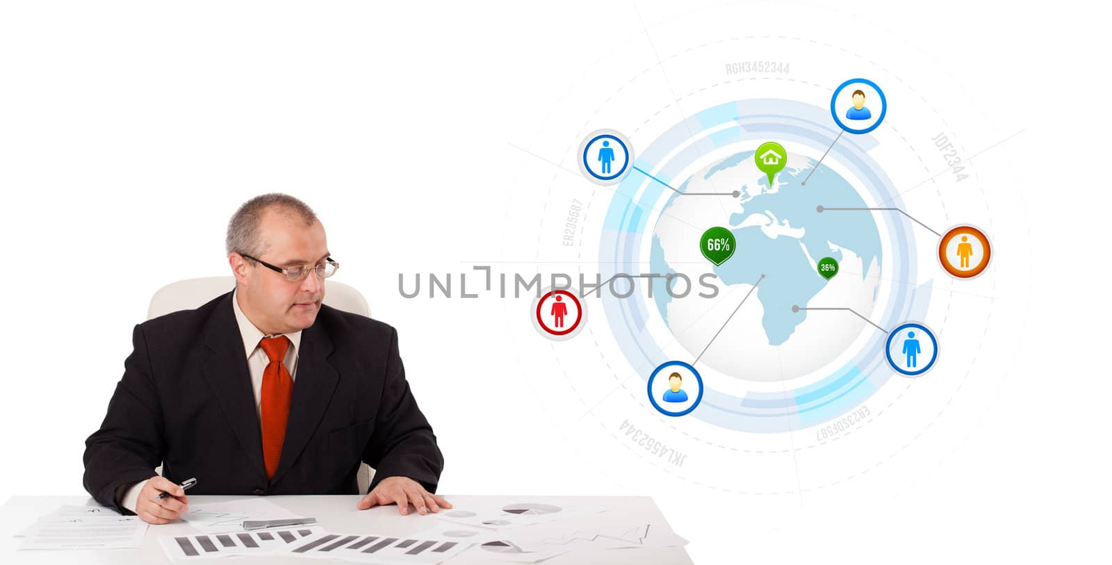 businessman sitting at desk with a globe and social icons, isolated on white