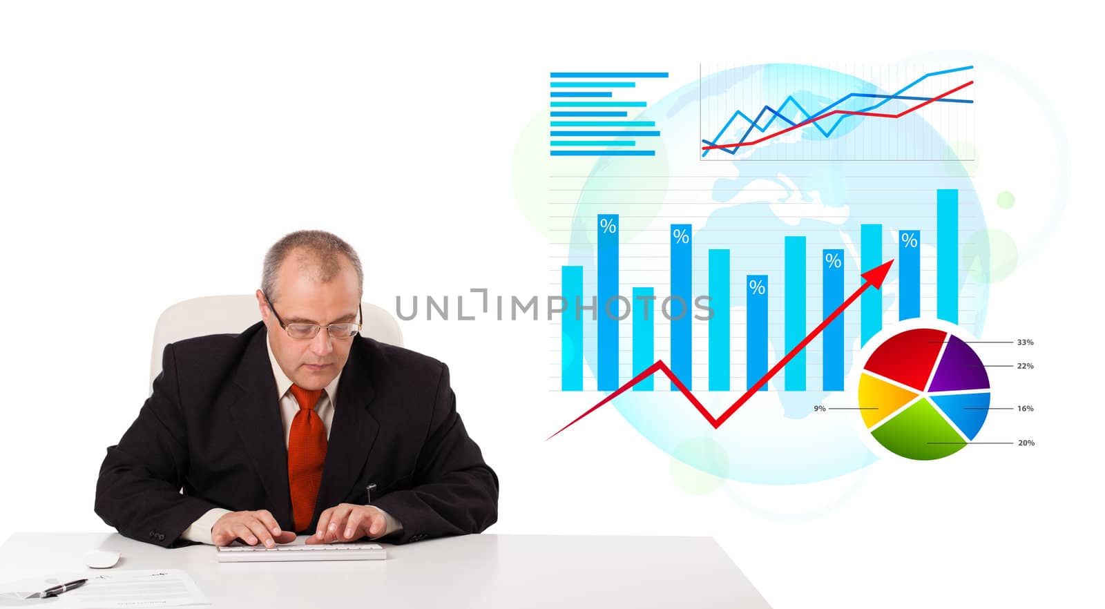 Businessman sitting at desk with statistics, isolated on white