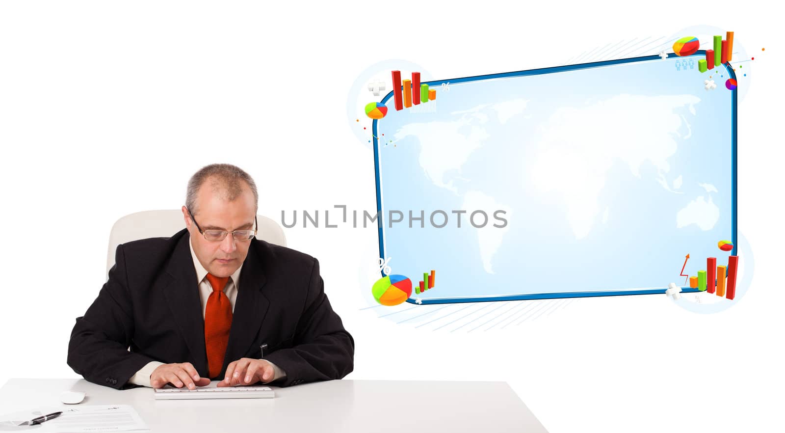 businessman sitting at desk and typing on keyboard with copy space, isolated on white