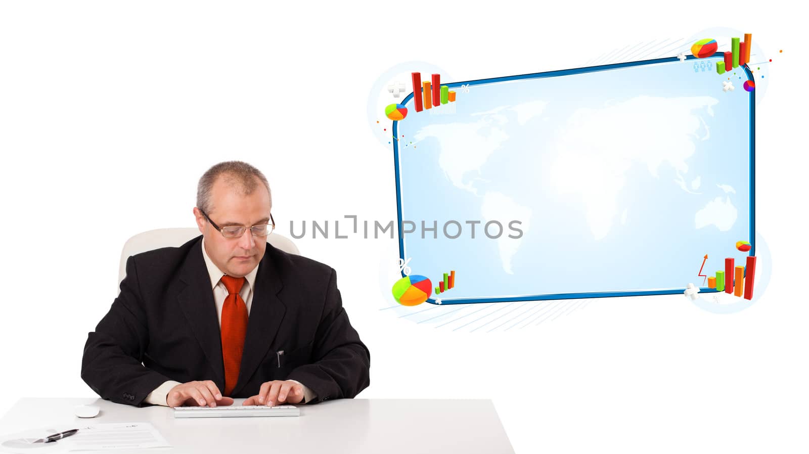 businessman sitting at desk and typing on keyboard with copy space, isolated on white