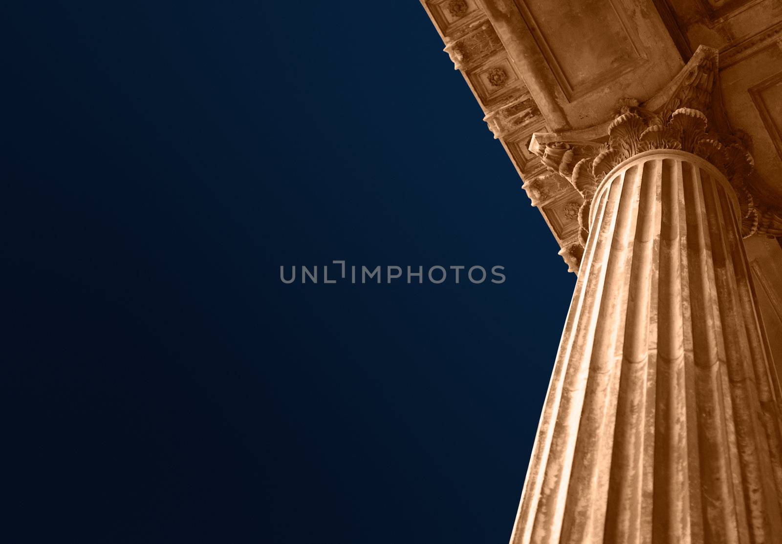 Classic greek style university college eduction, law court or politics building pillar on blue sky