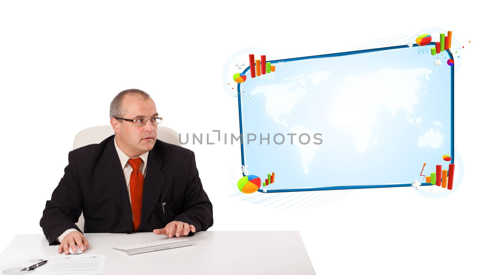 businessman sitting at desk and typing on keyboard with copy space, isolated on white