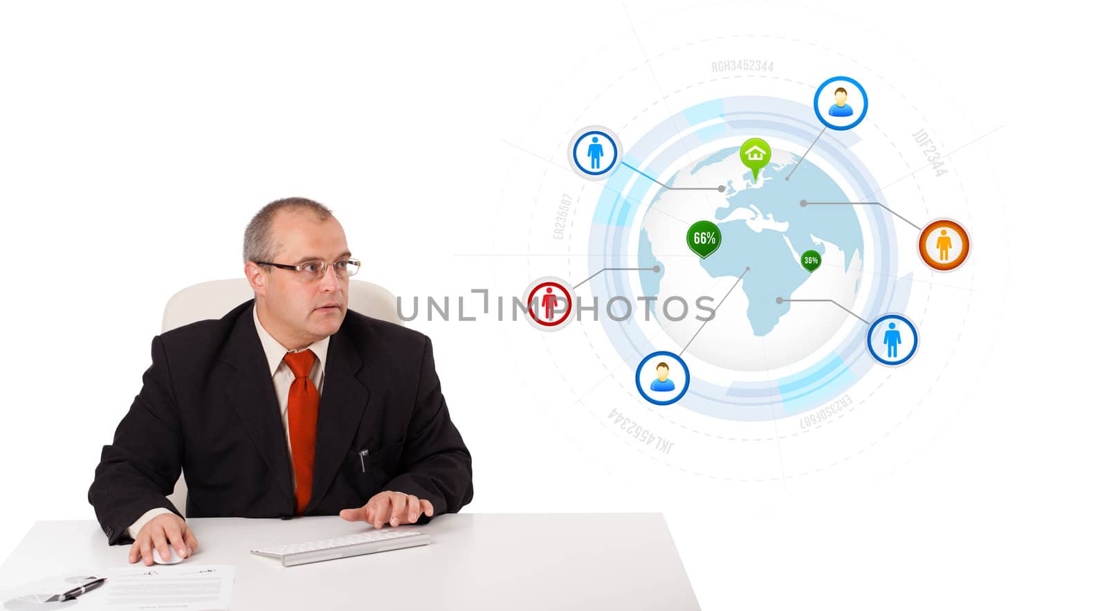 businessman sitting at desk and typing on keyboard with globe and social icons, isolated on white