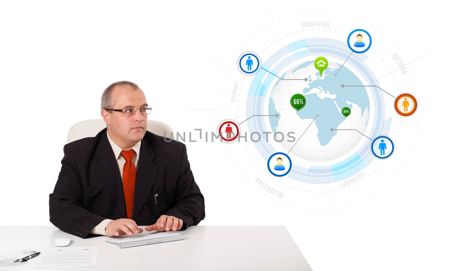 businessman sitting at desk and typing on keyboard with globe and social icons, isolated on white