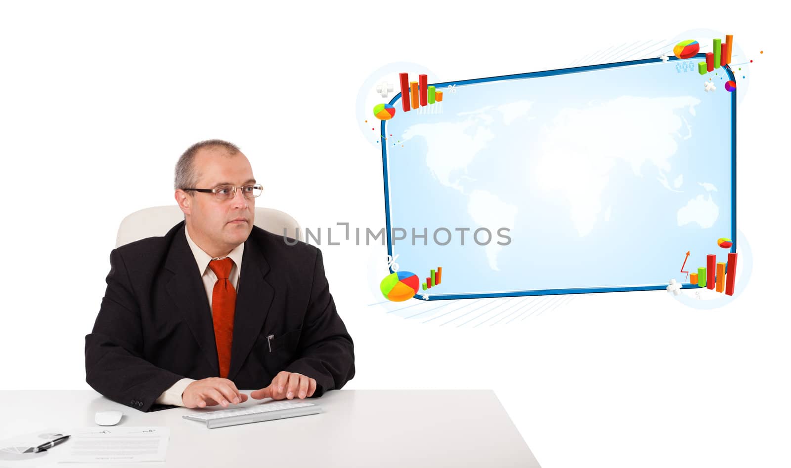 businessman sitting at desk and typing on keyboard with copy space, isolated on white