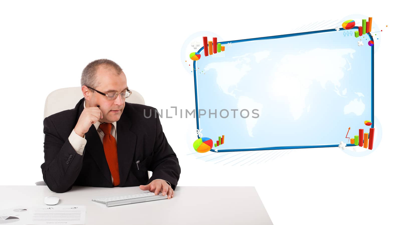 Businessman sitting at desk with copy space, isolated on white