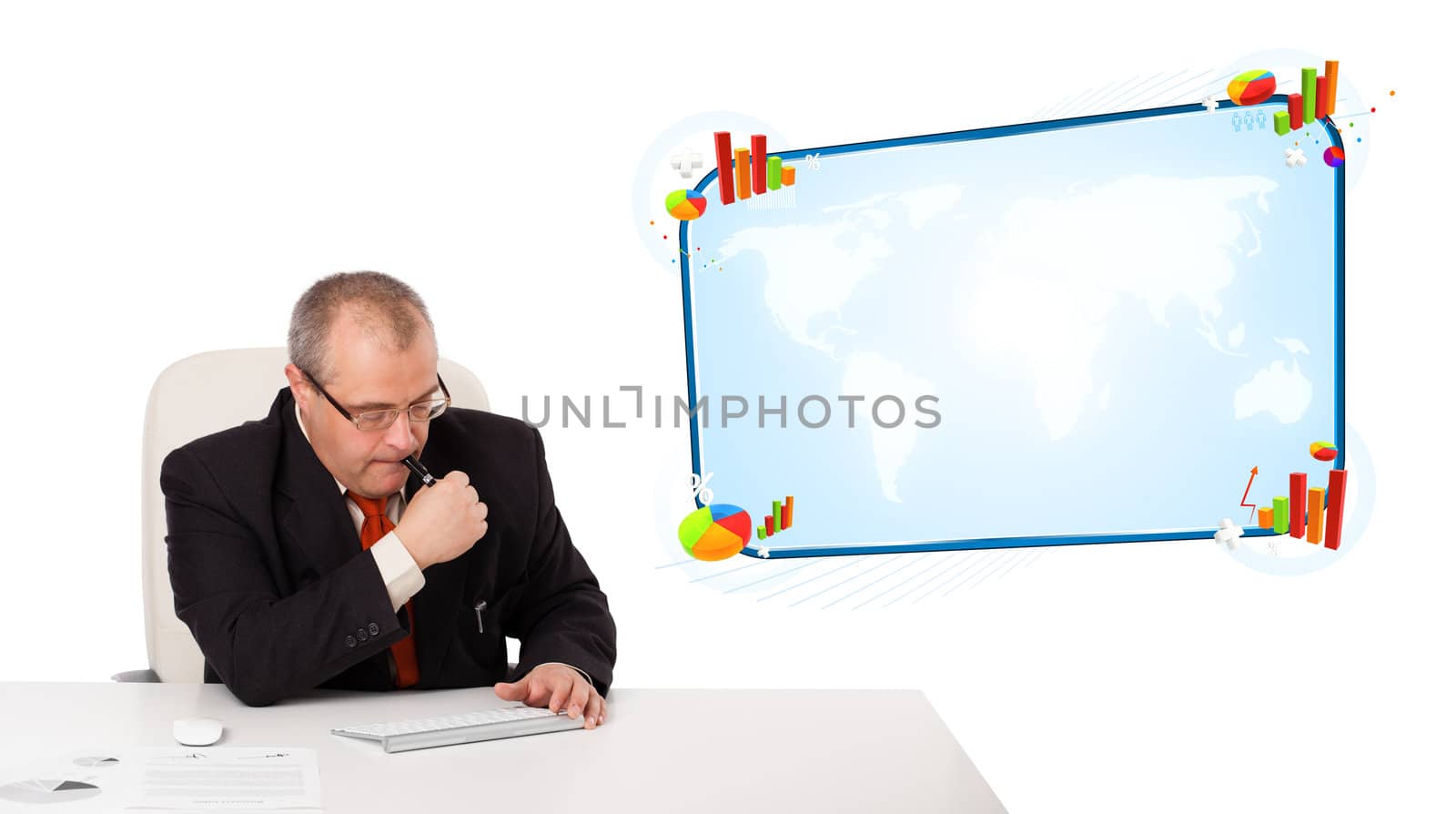 Businessman sitting at desk with copy space, isolated on white