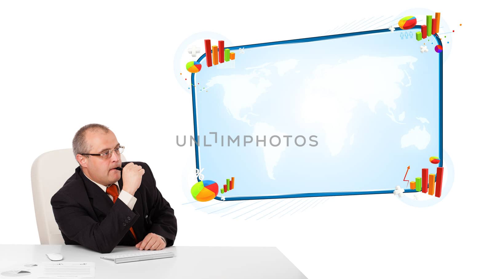 Businessman sitting at desk with copy space, isolated on white