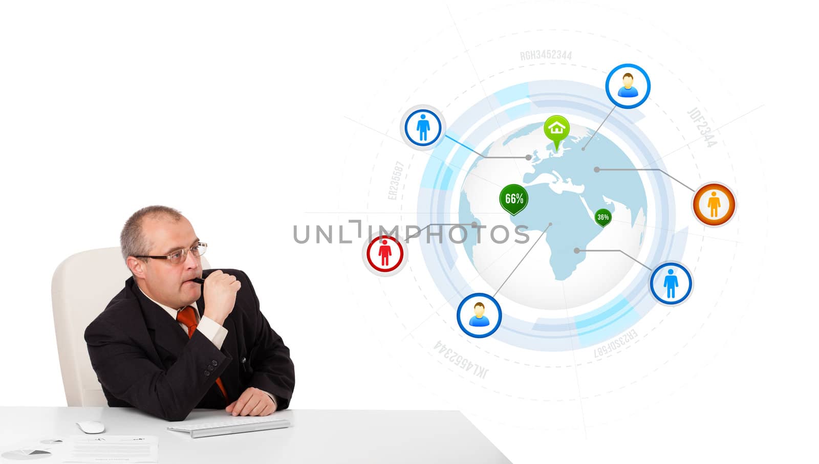 businessman sitting at desk with a globe and social icons, isolated on white