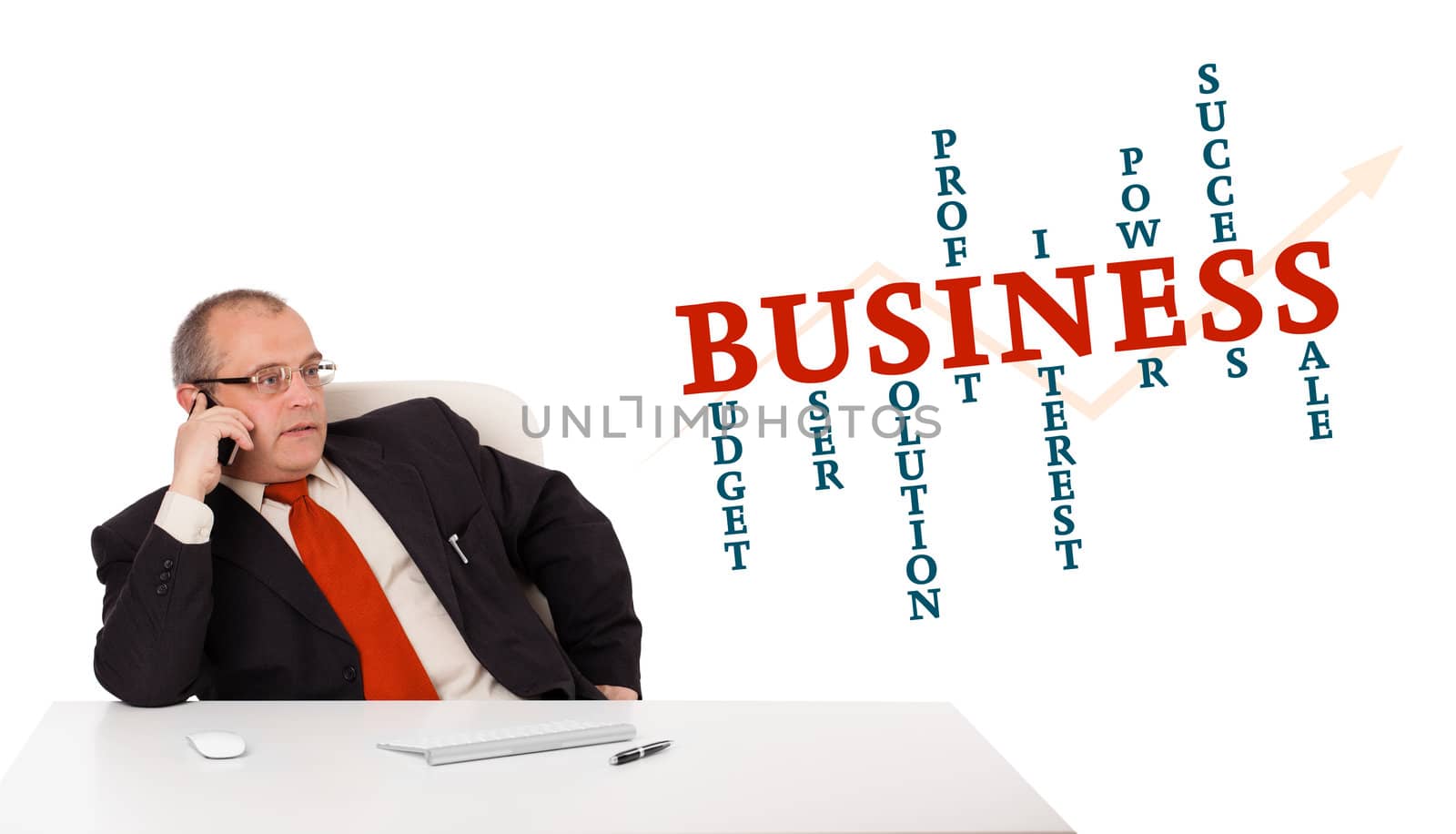 businessman sitting at desk and making phone call with word cloud, isolated on white