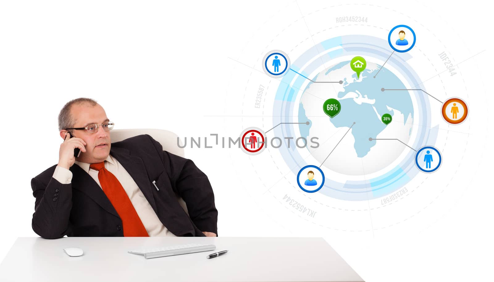 businessman sitting at desk and making a phone call with globe and social icons, isolated on white