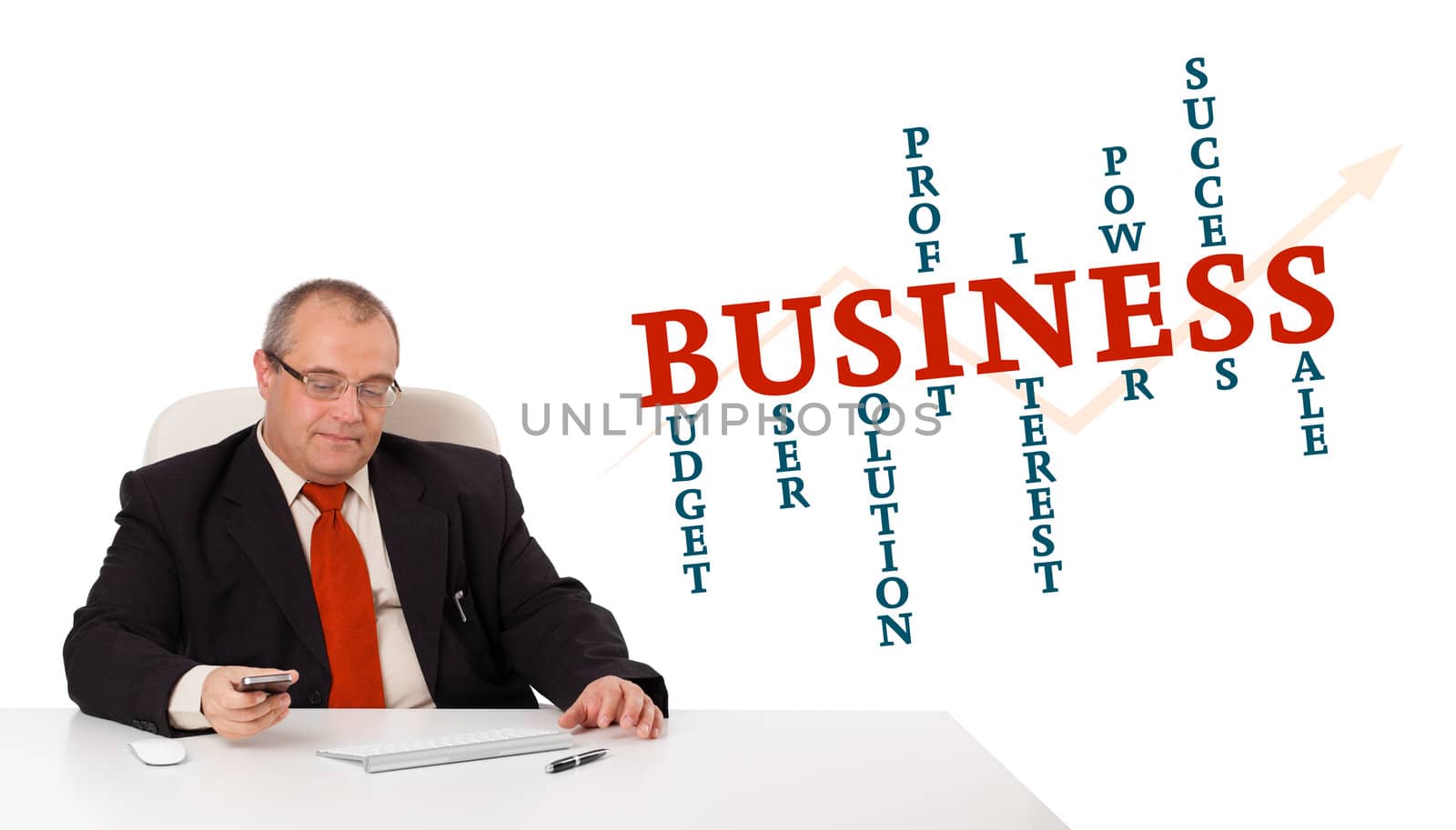businesman sitting at desk and holding a mobilephone with business word cloud, isolated on white