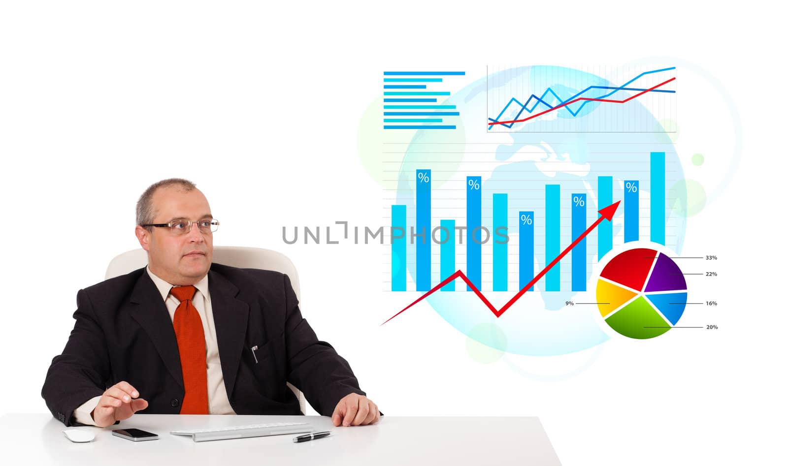 Businessman sitting at desk with statistics, isolated on white