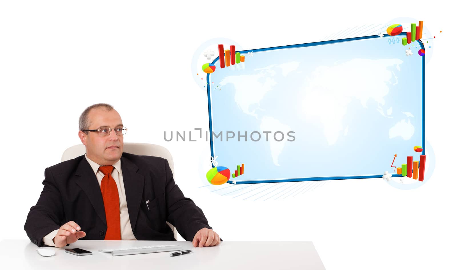 Businessman sitting at desk with copy space, isolated on white