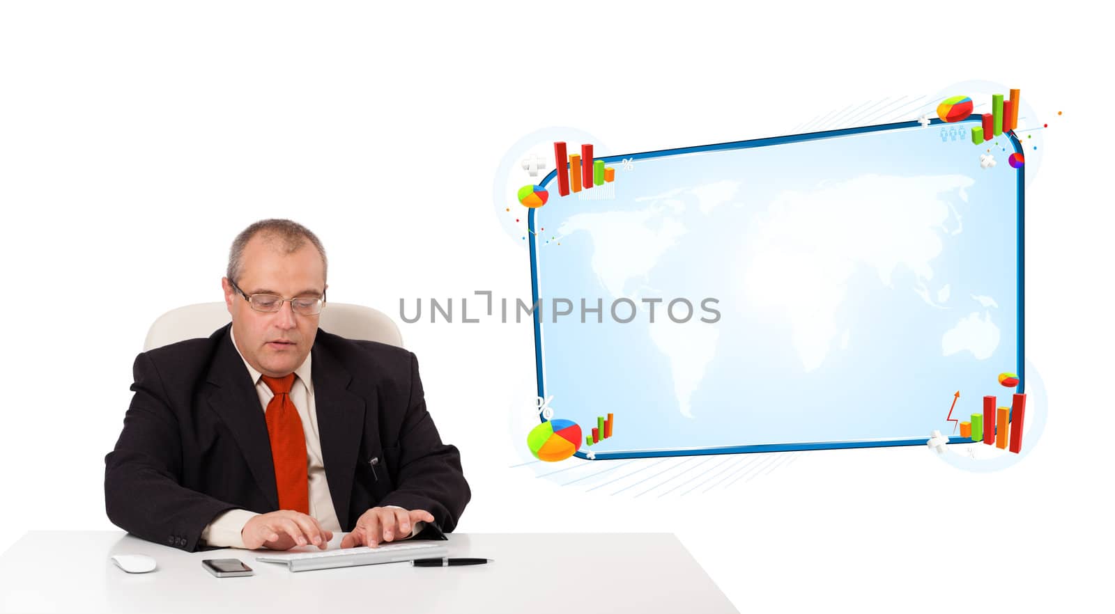 businessman sitting at desk and typing on keyboard with copy space, isolated on white