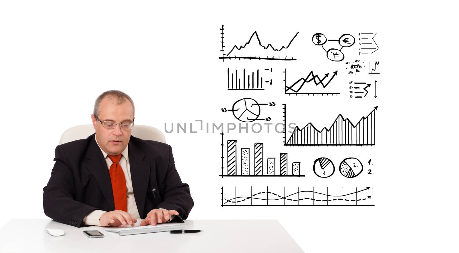 Businessman sitting at desk with diagrams and graphs, isolated on white