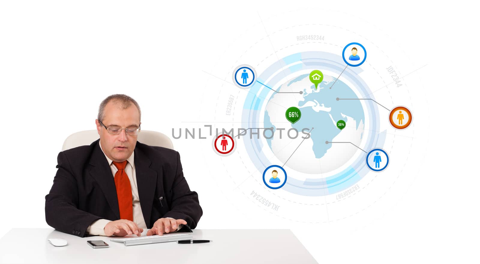 businessman sitting at desk and typing on keyboard with globe and social icons, isolated on white