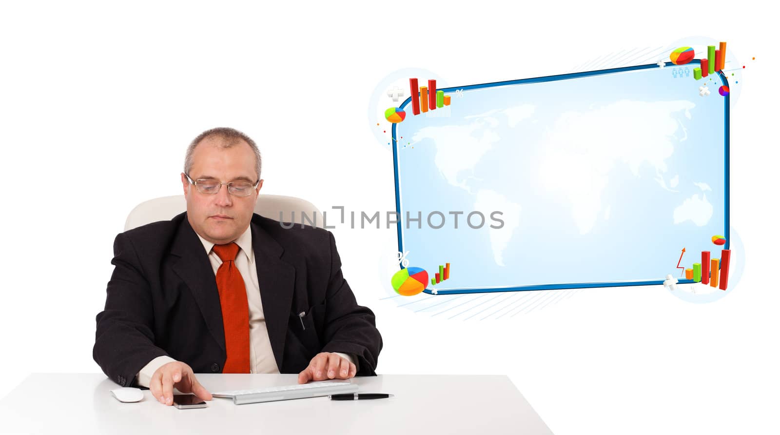 businessman sitting at desk and holding a mobilephone with copy space, isolated on white