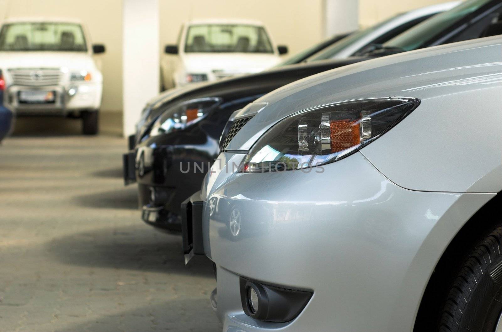 Cars parked in a garage