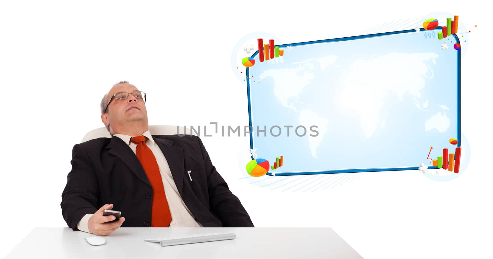 businessman sitting at desk and holding a mobilephone with copy space, isolated on white