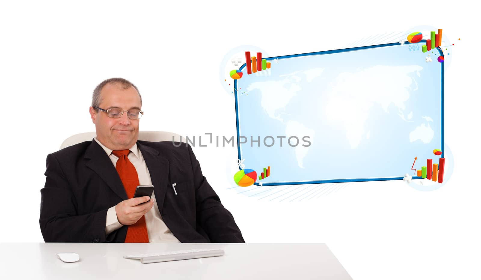 businessman sitting at desk and holding a mobilephone with copy space, isolated on white