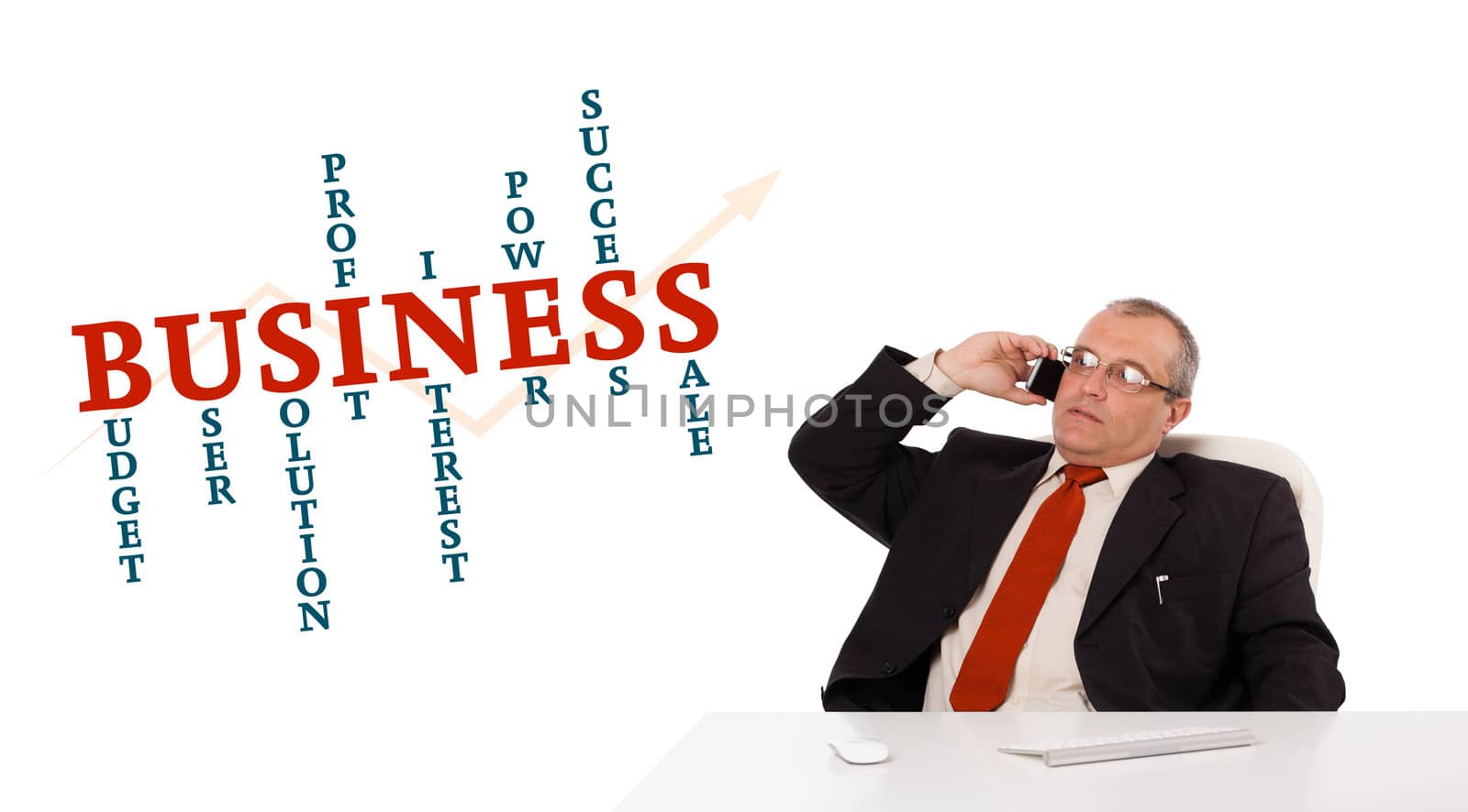 businessman sitting at desk and making phone call with word cloud, isolated on white